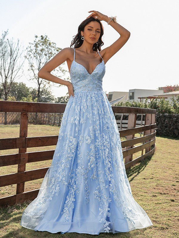 A-Line/Princess Lace Ruffles V-neck Sleeveless Sweep/Brush Train Dresses Prom Evening Dress