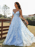 A-Line/Princess Lace Ruffles V-neck Sleeveless Sweep/Brush Train Dresses Prom Evening Dress