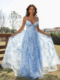 A-Line/Princess Lace Ruffles V-neck Sleeveless Sweep/Brush Train Dresses Prom Evening Dress