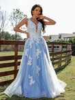 Vestido de noche de fiesta con apliques de tul, corte A/princesa, escote en V, sin mangas y cola larga