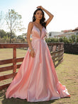 A-Line/Princess Satin Ruched V-neck Sleeveless Sweep/Brush Train Dresses Evening Prom Dress