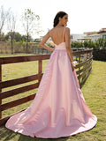 A-Line/Princess Satin Ruched V-neck Sleeveless Sweep/Brush Train Dresses Evening Prom Dress