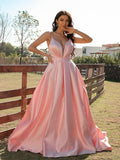 A-Line/Princess Satin Ruched V-neck Sleeveless Sweep/Brush Train Dresses Evening Prom Dress