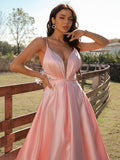 A-Line/Princess Satin Ruched V-neck Sleeveless Sweep/Brush Train Dresses Evening Prom Dress
