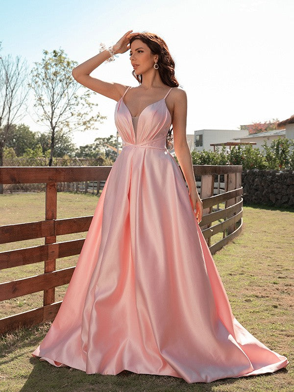 A-Line/Princess Satin Ruched V-neck Sleeveless Sweep/Brush Train Dresses Evening Prom Dress