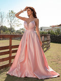 A-Line/Princess Satin Ruched V-neck Sleeveless Sweep/Brush Train Dresses Evening Prom Dress