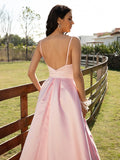 A-Line/Princess Satin Ruched V-neck Sleeveless Sweep/Brush Train Dresses Evening Prom Dress