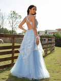 A-Line/Princess Tulle Lace V-neck Sleeveless Floor-Length Dresses Prom Evening Dress