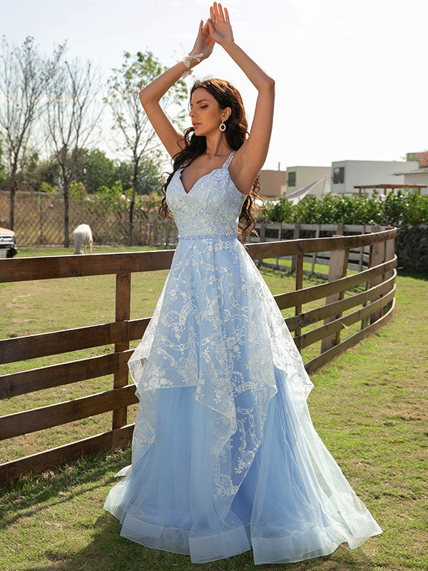 A-Line/Princess Tulle Lace V-neck Sleeveless Floor-Length Dresses Prom Evening Dress