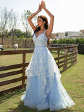 A-Line/Princess Tulle Lace V-neck Sleeveless Floor-Length Dresses Prom Evening Dress
