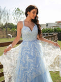 A-Line/Princess Tulle Lace V-neck Sleeveless Floor-Length Dresses Prom Evening Dress