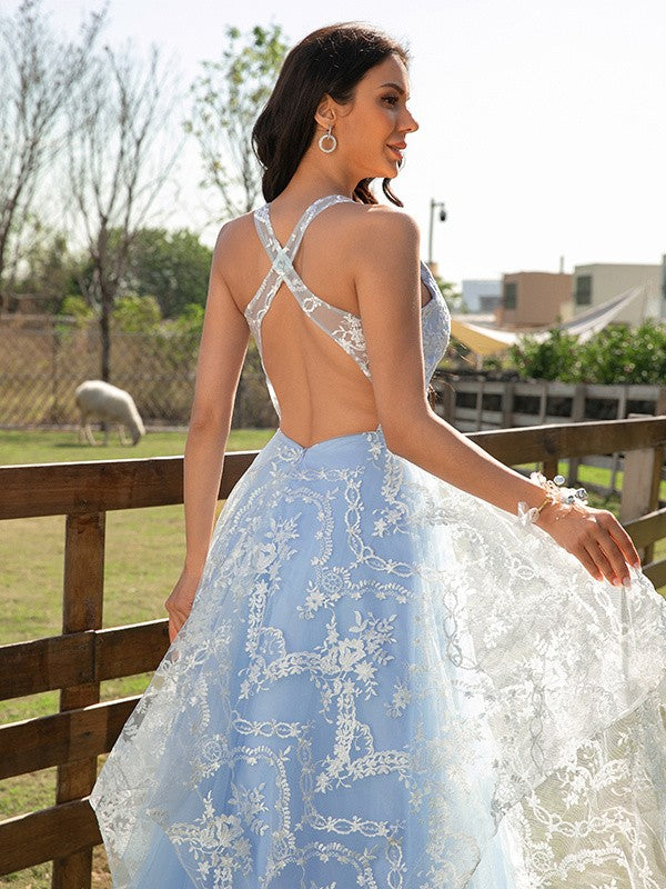 A-Line/Princess Tulle Lace V-neck Sleeveless Floor-Length Dresses Prom Evening Dress