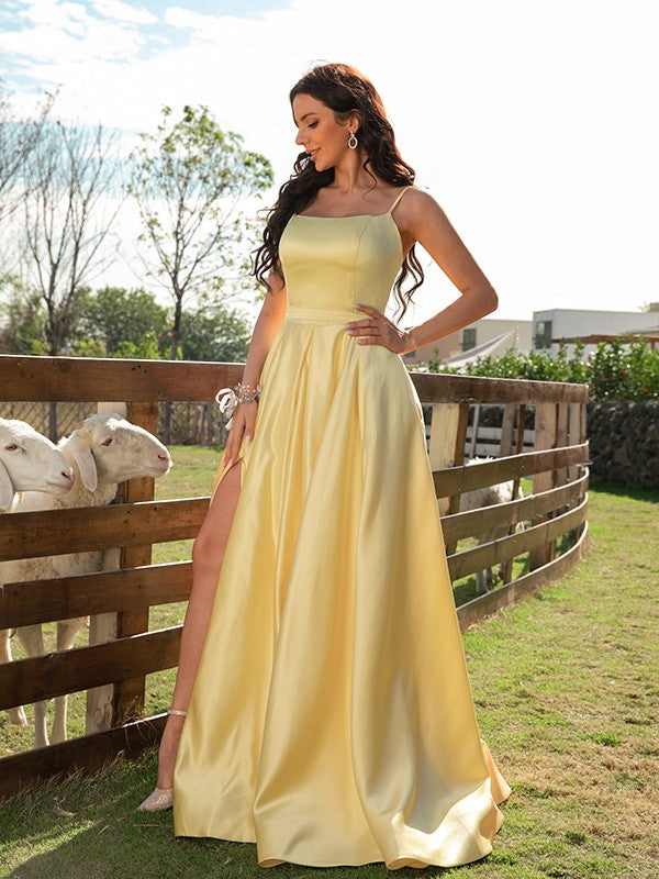 A-Line/Princess Satin Ruffles Spaghetti Straps Sleeveless Sweep/Brush Train Evening Dresses Prom Dress