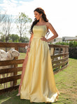 A-Line/Princess Satin Ruffles Spaghetti Straps Sleeveless Sweep/Brush Train Evening Dresses Prom Dress