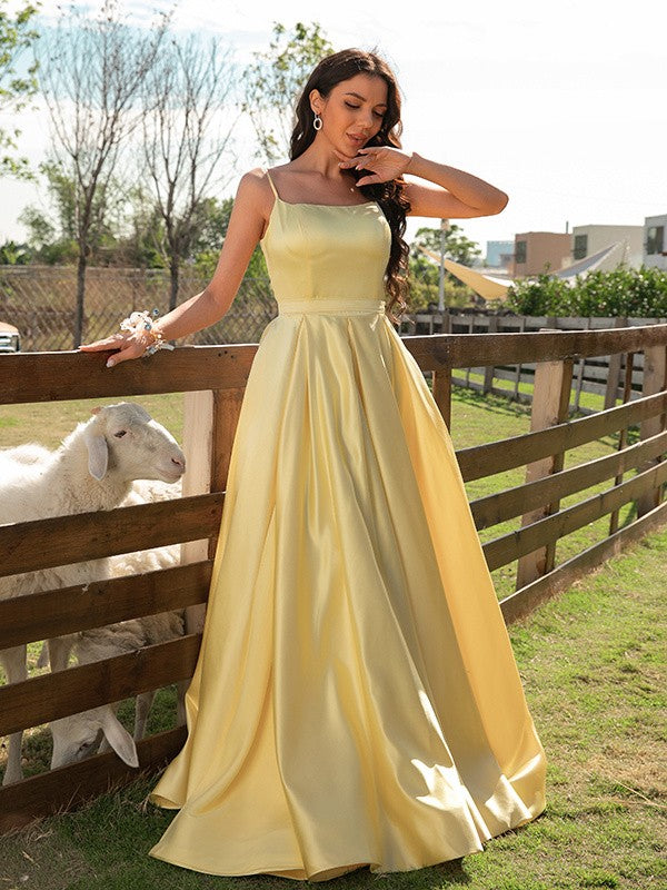 A-Line/Princess Satin Ruffles Spaghetti Straps Sleeveless Sweep/Brush Train Evening Dresses Prom Dress