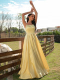 A-Line/Princess Satin Ruffles Spaghetti Straps Sleeveless Sweep/Brush Train Evening Dresses Prom Dress