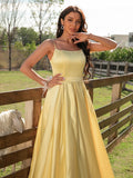 A-Line/Princess Satin Ruffles Spaghetti Straps Sleeveless Sweep/Brush Train Evening Dresses Prom Dress
