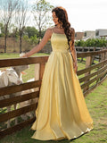 A-Line/Princess Satin Ruffles Spaghetti Straps Sleeveless Sweep/Brush Train Evening Dresses Prom Dress