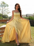 A-Line/Princess Satin Ruffles Spaghetti Straps Sleeveless Sweep/Brush Train Evening Dresses Prom Dress