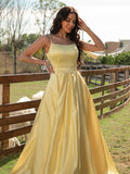 A-Line/Princess Satin Ruffles Spaghetti Straps Sleeveless Sweep/Brush Train Evening Dresses Prom Dress