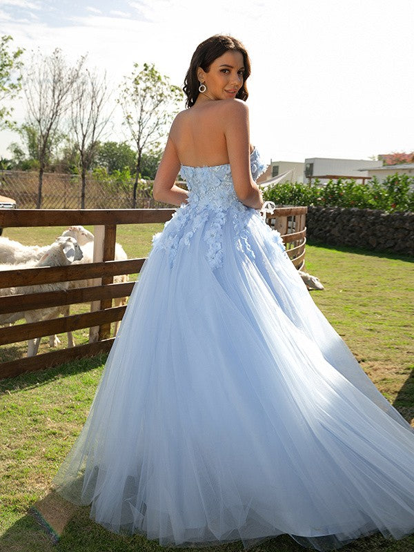 Ballkleid Tüll Applikationen Herzausschnitt Ärmellos Bodenlang Kleider Ballkleid Abendkleid