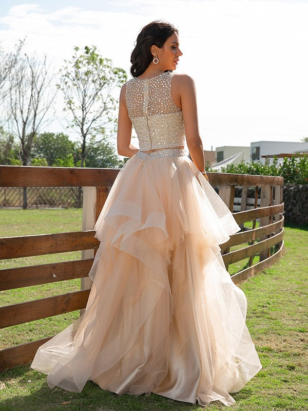 Vestido de fiesta de noche de dos piezas, corte A/princesa, de tul, con cuentas, escote redondo, sin mangas y largo hasta el suelo