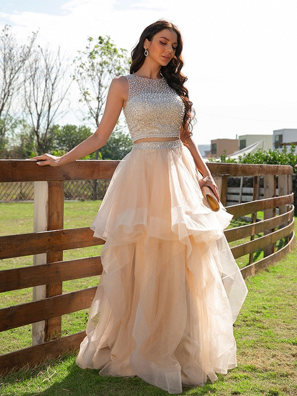 Vestido de fiesta de noche de dos piezas, corte A/princesa, de tul, con cuentas, escote redondo, sin mangas y largo hasta el suelo