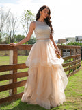 Vestido de fiesta de noche de dos piezas, corte A/princesa, de tul, con cuentas, escote redondo, sin mangas y largo hasta el suelo