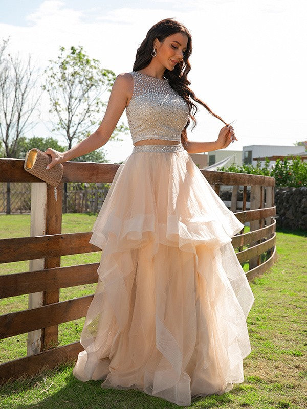 Vestido de fiesta de noche de dos piezas, corte A/princesa, de tul, con cuentas, escote redondo, sin mangas y largo hasta el suelo