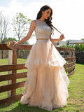 Vestido de fiesta de noche de dos piezas, corte A/princesa, de tul, con cuentas, escote redondo, sin mangas y largo hasta el suelo