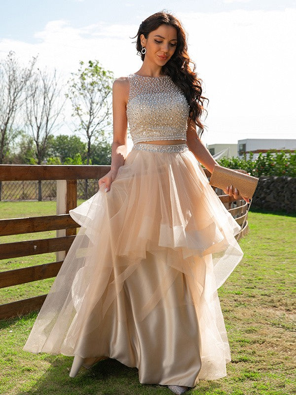Vestido de fiesta de noche de dos piezas, corte A/princesa, de tul, con cuentas, escote redondo, sin mangas y largo hasta el suelo