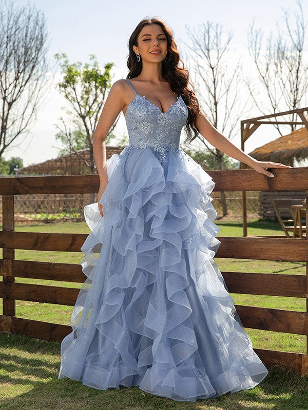 Vestido de noche de fiesta con corte A/princesa, apliques de tul, escote en V, sin mangas y largo hasta el suelo