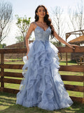 Vestido de noche de fiesta con corte A/princesa, apliques de tul, escote en V, sin mangas y largo hasta el suelo