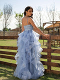 Vestido de noche de fiesta con corte A/princesa, apliques de tul, escote en V, sin mangas y largo hasta el suelo