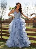 Vestido de noche de fiesta con corte A/princesa, apliques de tul, escote en V, sin mangas y largo hasta el suelo