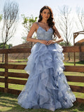 Vestido de noche de fiesta con corte A/princesa, apliques de tul, escote en V, sin mangas y largo hasta el suelo