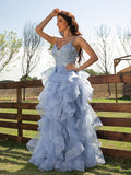 Vestido de noche de fiesta con corte A/princesa, apliques de tul, escote en V, sin mangas y largo hasta el suelo