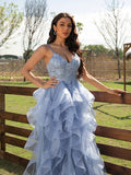 Vestido de noche de fiesta con corte A/princesa, apliques de tul, escote en V, sin mangas y largo hasta el suelo