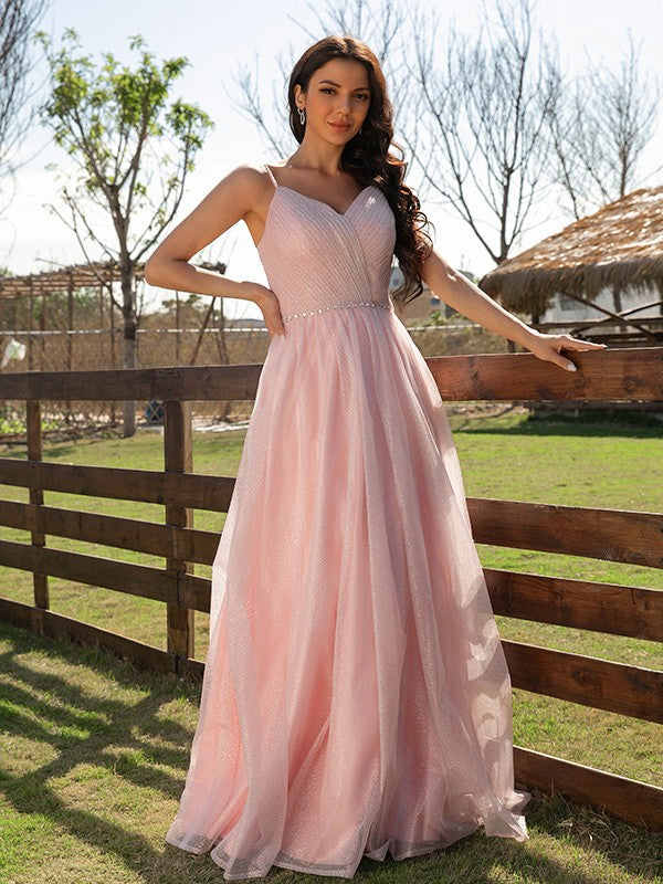 Vestido de noche de graduación con corte A/princesa, fruncido, escote en V, sin mangas y largo hasta el suelo