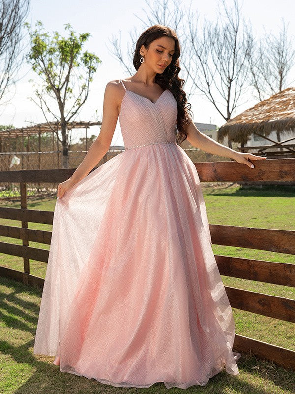 Vestido de noche de graduación con corte A/princesa, fruncido, escote en V, sin mangas y largo hasta el suelo