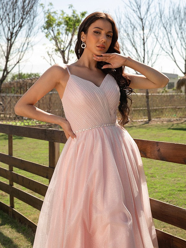 Vestido de noche de graduación con corte A/princesa, fruncido, escote en V, sin mangas y largo hasta el suelo