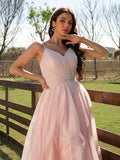 Vestido de noche de graduación con corte A/princesa, fruncido, escote en V, sin mangas y largo hasta el suelo