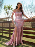 Sheath/Column Sequins Ruffles Off-the-Shoulder Sleeveless Sweep/Brush Train Dresses Prom Evening Dress