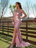 Sheath/Column Sequins Ruffles Off-the-Shoulder Sleeveless Sweep/Brush Train Dresses Prom Evening Dress