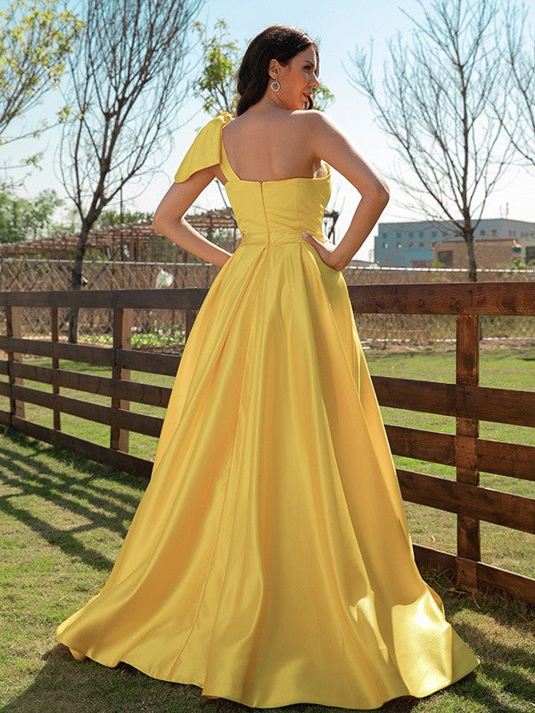 A-Line/Princess Satin Ruffles One-Shoulder Sleeveless Sweep/Brush Train Dresses Prom Evening Dress