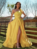 A-Line/Princess Satin Ruffles One-Shoulder Sleeveless Sweep/Brush Train Dresses Prom Evening Dress