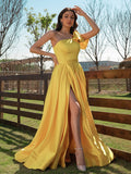 A-Line/Princess Satin Ruffles One-Shoulder Sleeveless Sweep/Brush Train Dresses Prom Evening Dress