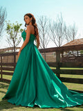 Vestido de noche de graduación con corte A/princesa, satén, volantes, escote en V, sin mangas, cola larga
