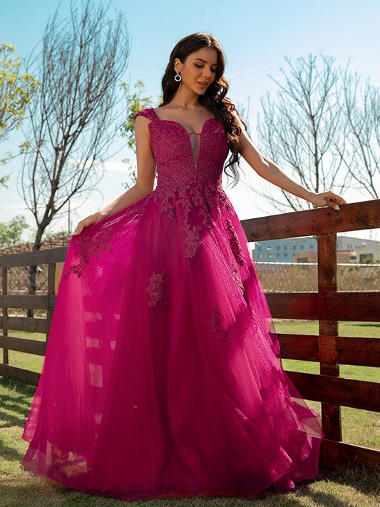 A-Line/Princess Tulle Applique V-neck Sleeveless Floor-Length Dresses Prom Evening Dress Ball Gowns
