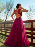 A-Line/Princess Tulle Applique V-neck Sleeveless Floor-Length Dresses Prom Evening Dress Ball Gowns